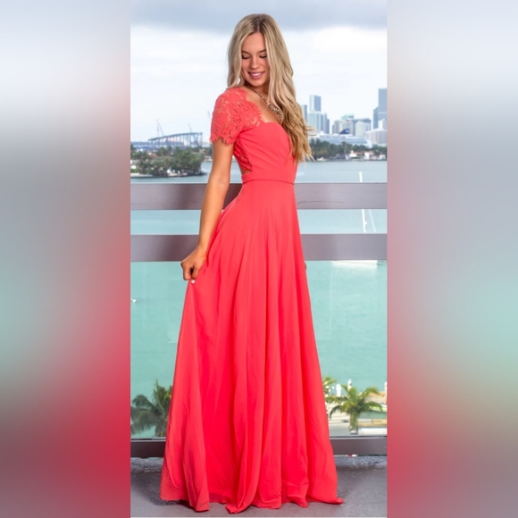 Coral maxi dress with open back and lace detail - Picture 2 of 14